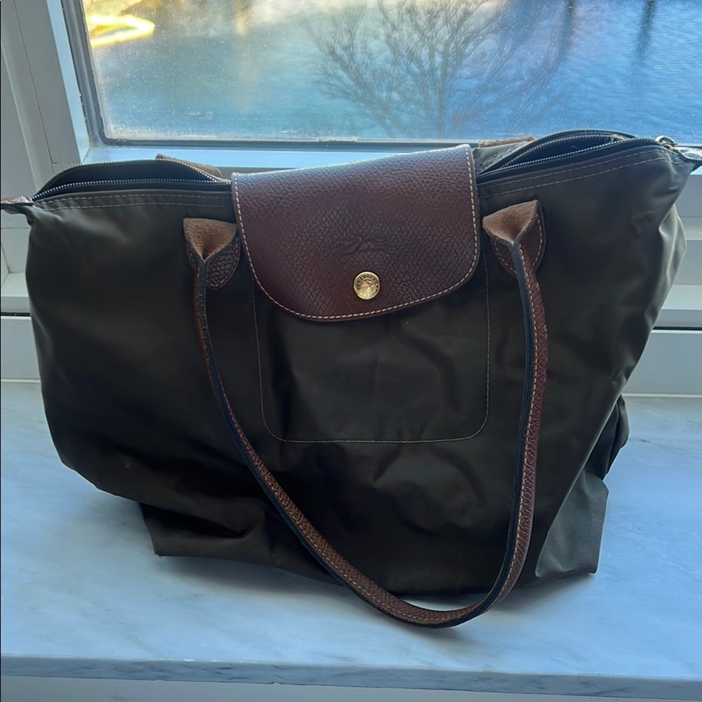 Brown Leather Trim Tote Bag